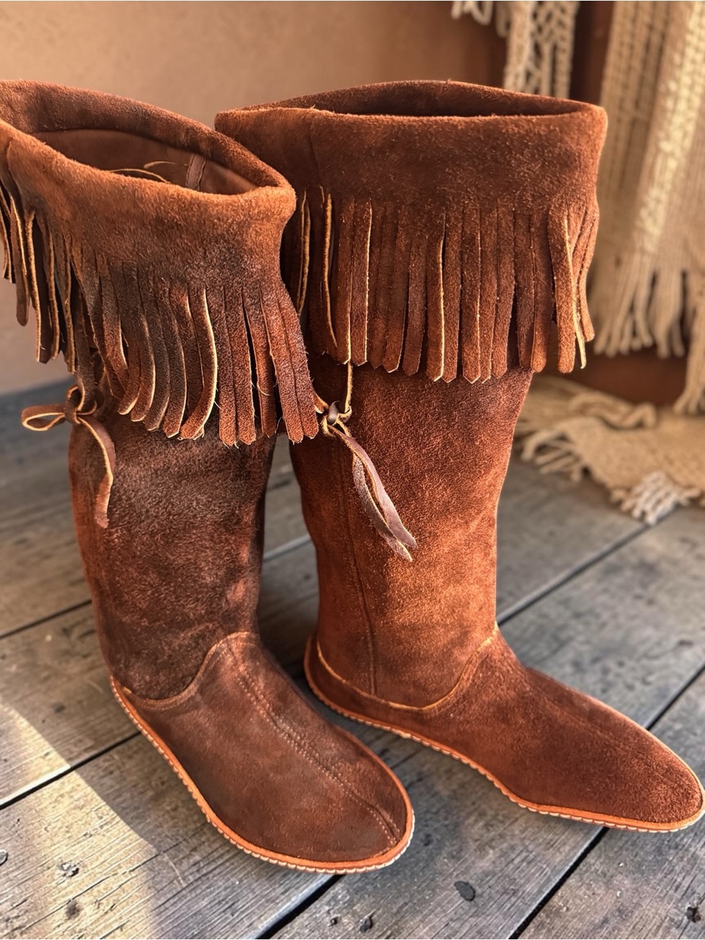 Vintage Handcrafted Women's Suede Fringe Knee-High Moccasin Boots